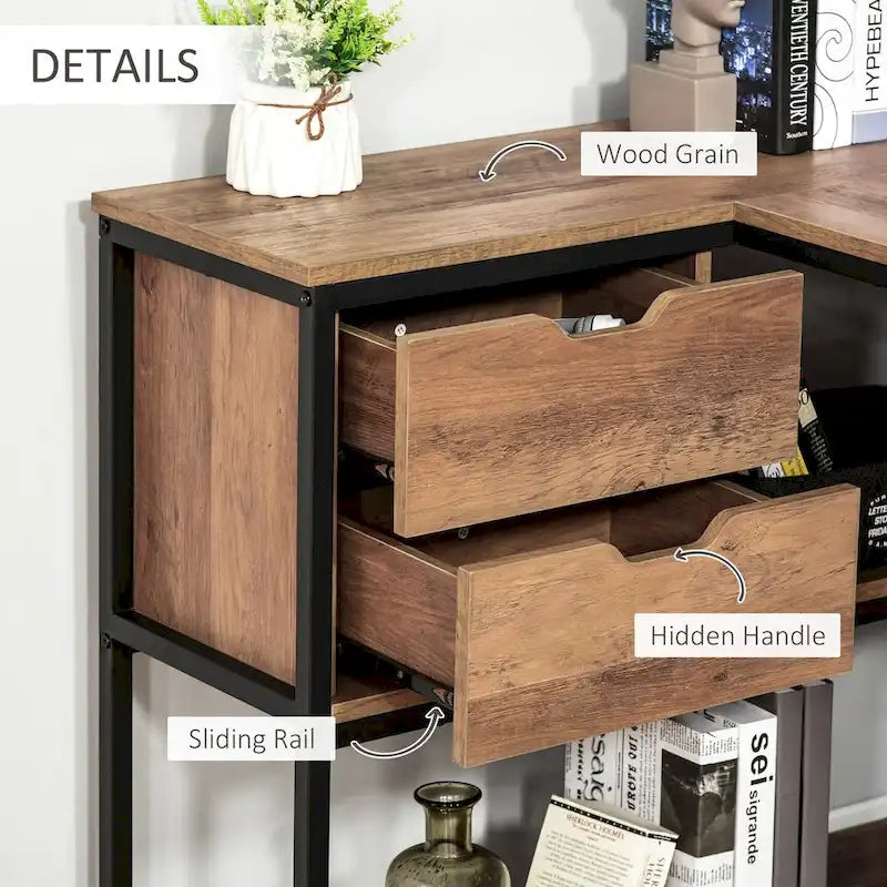 Bureau d'angle industriel avec étagères de rangement et 2 tiroirs