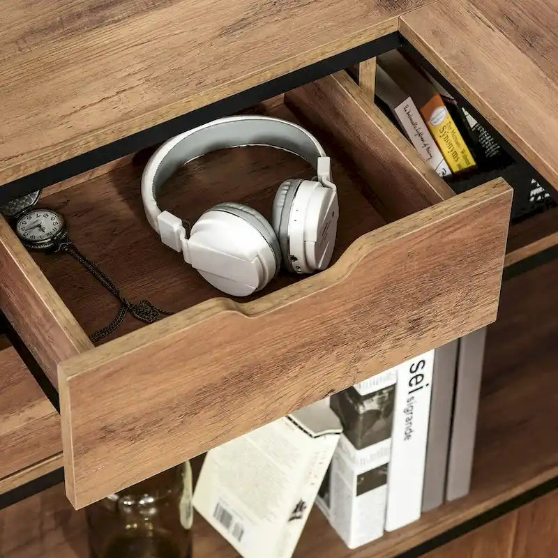 Bureau d'angle industriel avec étagères de rangement et 2 tiroirs