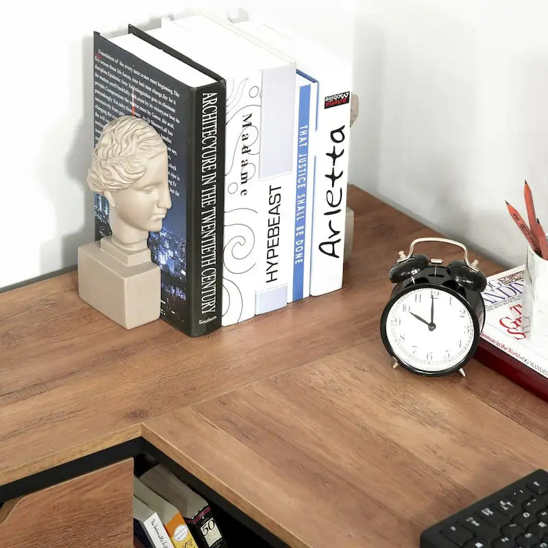 Bureau d'angle industriel avec étagères de rangement et 2 tiroirs