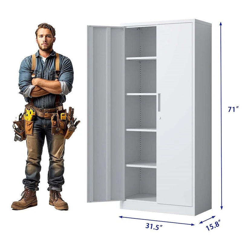 Meuble de rangement de garage en métal, armoire à outils en acier avec portes et 4 étagères