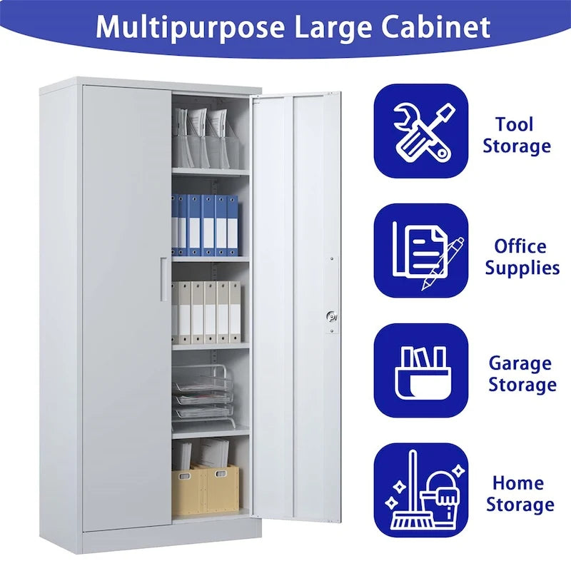 Meuble de rangement de garage en métal, armoire à outils en acier avec portes et 4 étagères