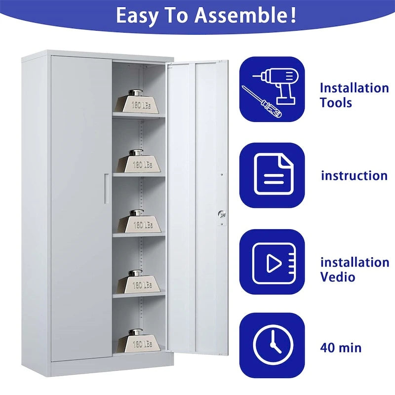 Meuble de rangement de garage en métal, armoire à outils en acier avec portes et 4 étagères