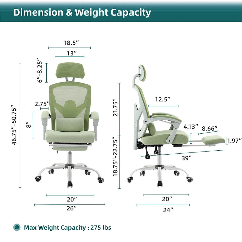 Chaise de bureau ergonomique à dossier haut en maille avec support lombaire et coussin pour ordinateur