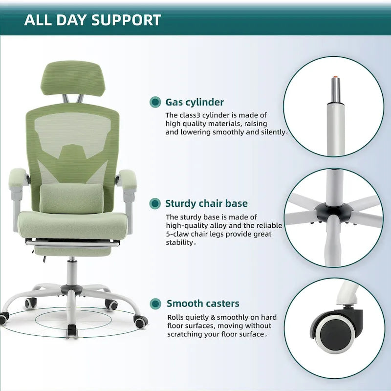 Chaise de bureau ergonomique à dossier haut en maille avec support lombaire et coussin pour ordinateur