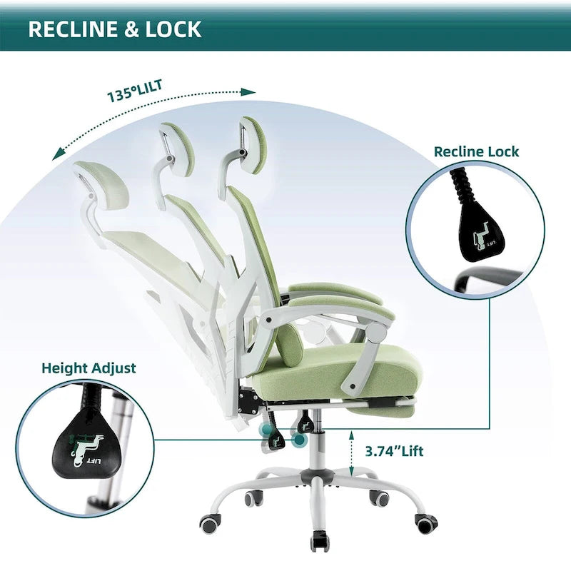 Chaise de bureau ergonomique à dossier haut en maille avec support lombaire et coussin pour ordinateur