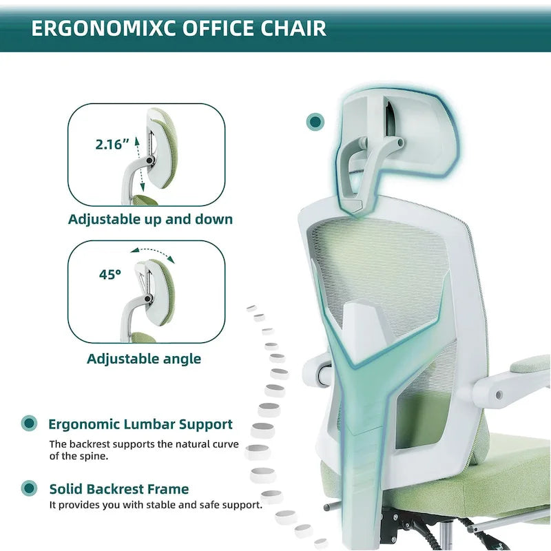 Chaise de bureau ergonomique à dossier haut en maille avec support lombaire et coussin pour ordinateur