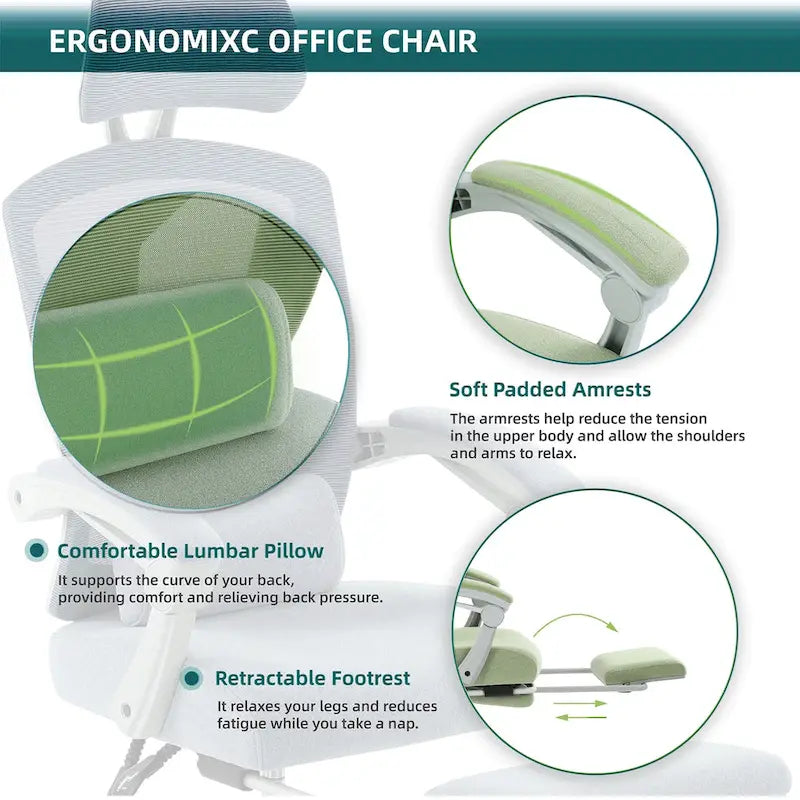 Chaise de bureau ergonomique à dossier haut en maille avec support lombaire et coussin pour ordinateur