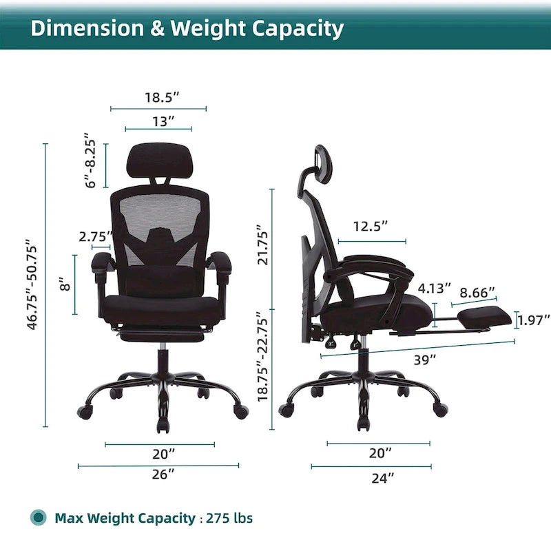 Chaise de bureau ergonomique à dossier haut en maille avec support lombaire et coussin pour ordinateur