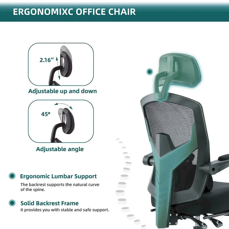 Chaise de bureau ergonomique à dossier haut en maille avec support lombaire et coussin pour ordinateur