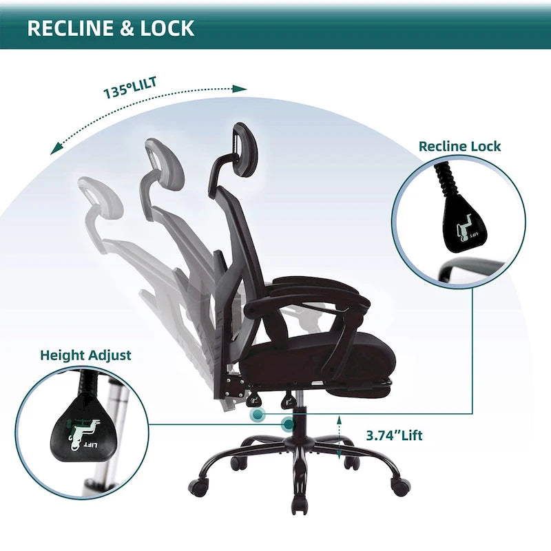 Chaise de bureau ergonomique à dossier haut en maille avec support lombaire et coussin pour ordinateur