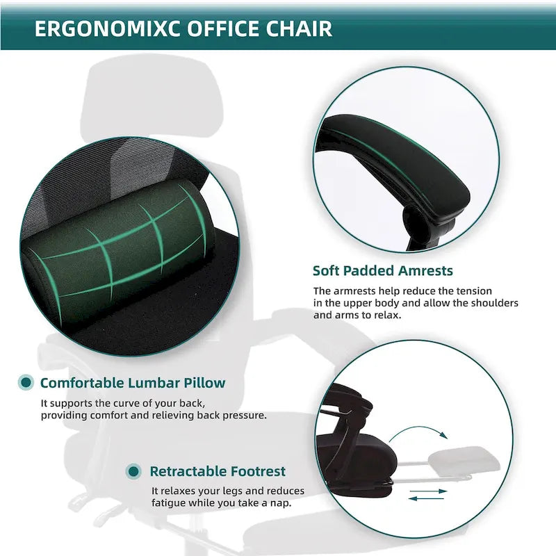 Chaise de bureau ergonomique à dossier haut en maille avec support lombaire et coussin pour ordinateur