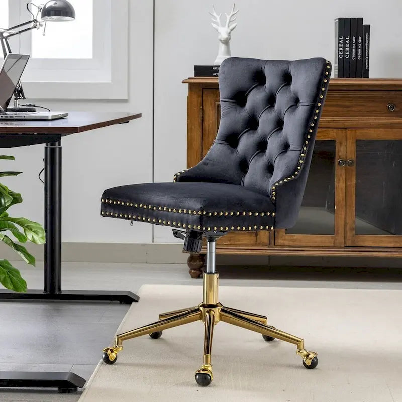 Chaise de bureau à roulettes, hauteur réglable, en velours capitonné, pivotante