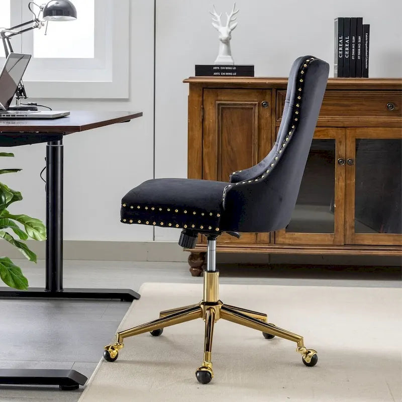 Chaise de bureau à roulettes, hauteur réglable, en velours capitonné, pivotante