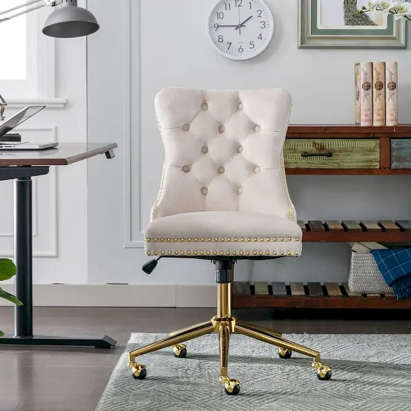 Chaise de bureau à roulettes, hauteur réglable, en velours capitonné, pivotante