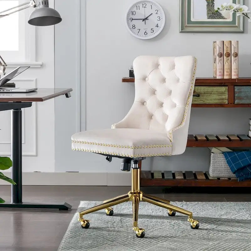 Chaise de bureau à roulettes, hauteur réglable, en velours capitonné, pivotante