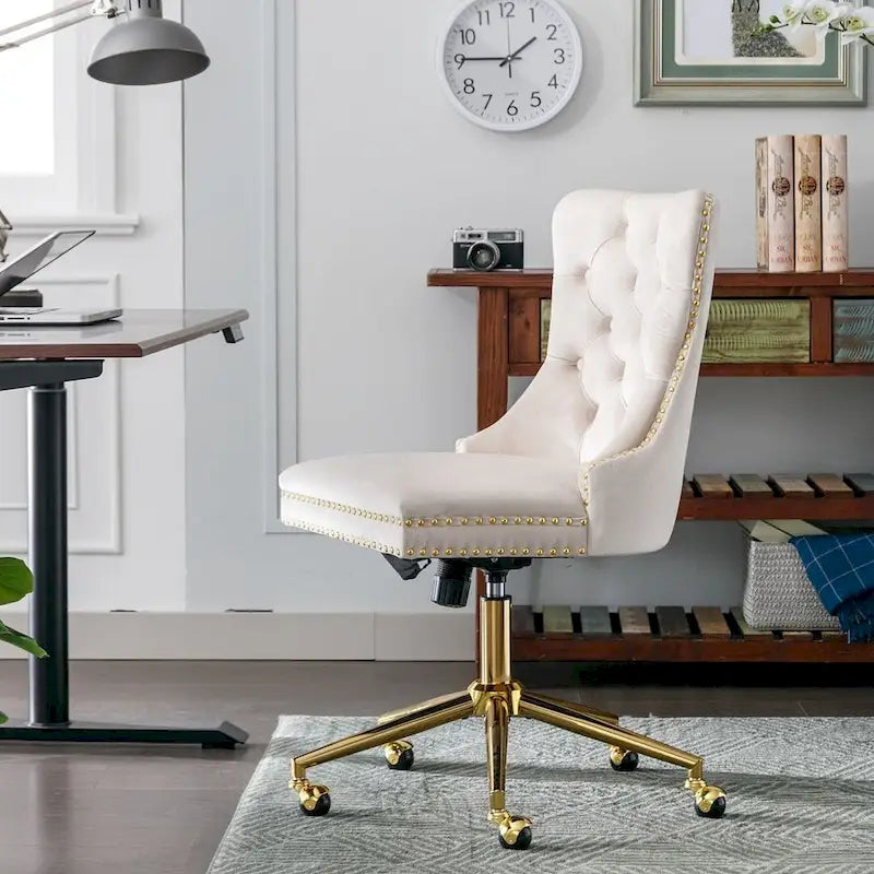 Chaise de bureau à roulettes, hauteur réglable, en velours capitonné, pivotante