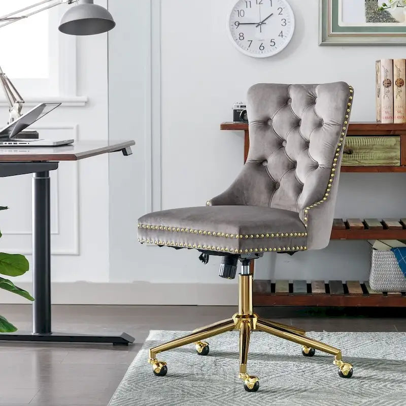 Chaise de bureau à roulettes, hauteur réglable, en velours capitonné, pivotante