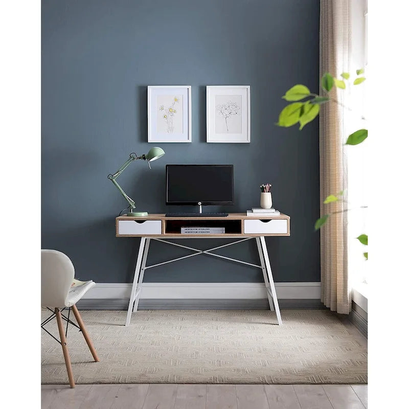 JJS Bureau d'écriture style Mid-century moderne avec tiroirs et rangements pour bureau à domicile