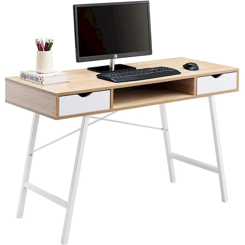 JJS Bureau d'écriture style Mid-century moderne avec tiroirs et rangements pour bureau à domicile