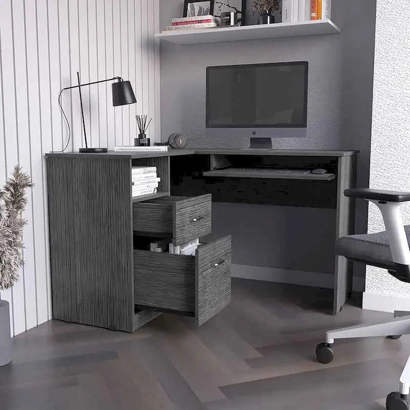 Bureau en L Bradford, Tablette coulissante pour clavier, Fini chêne fumé, Haute qualité et durable