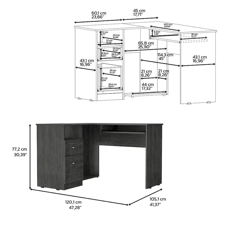 Bureau en L Bradford, Tablette coulissante pour clavier, Fini chêne fumé, Haute qualité et durable