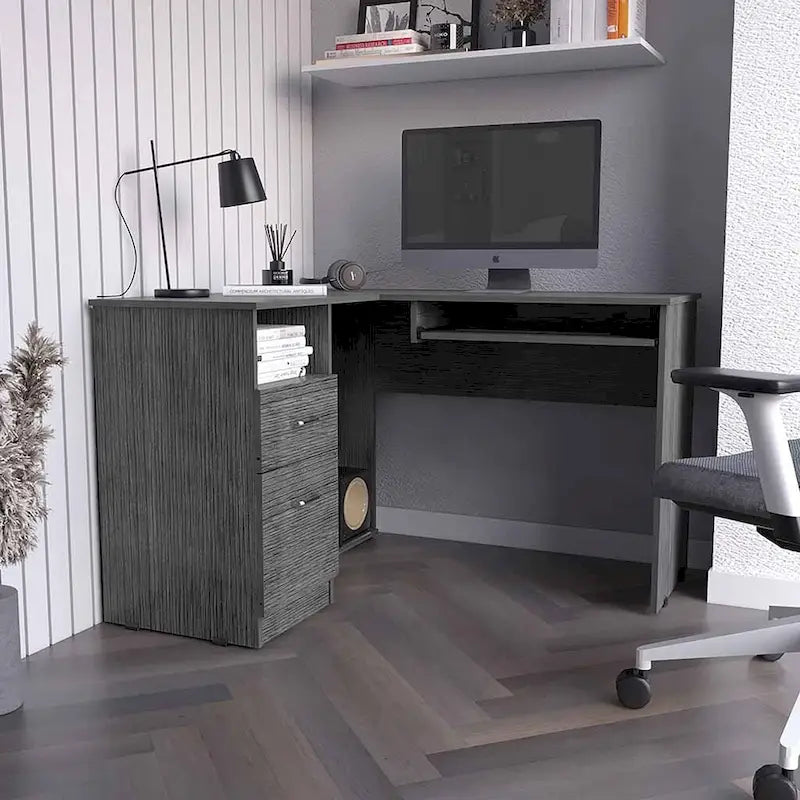 Bureau en L Bradford, Tablette coulissante pour clavier, Fini chêne fumé, Haute qualité et durable