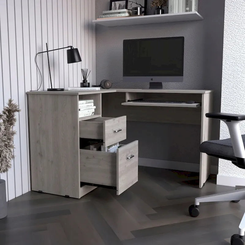 Bureau en L Bradford, Tablette coulissante pour clavier, Fini chêne fumé, Haute qualité et durable