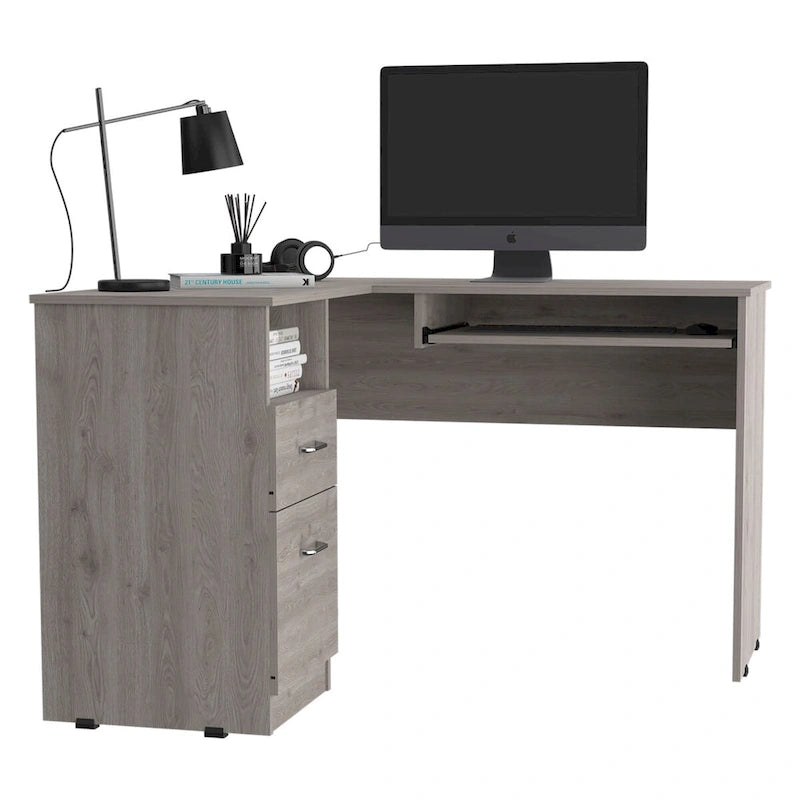 Bureau en L Bradford, Tablette coulissante pour clavier, Fini chêne fumé, Haute qualité et durable