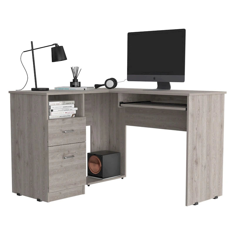 Bureau en L Bradford, Tablette coulissante pour clavier, Fini chêne fumé, Haute qualité et durable