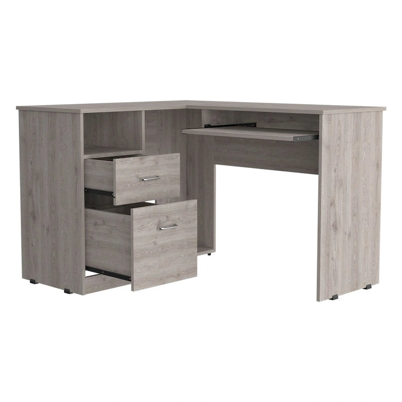 Bureau en L Bradford, Tablette coulissante pour clavier, Fini chêne fumé, Haute qualité et durable