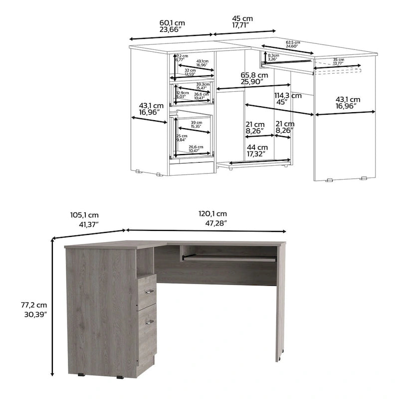 Bureau en L Bradford, Tablette coulissante pour clavier, Fini chêne fumé, Haute qualité et durable