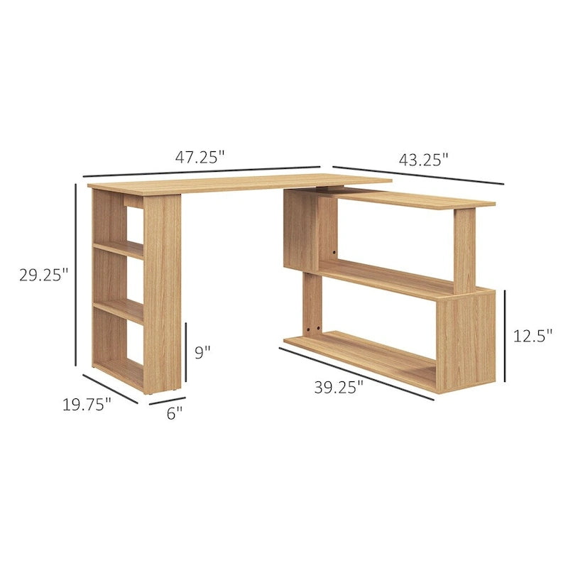 Bureau d'angle en L, bureau à domicile rotatif à 360° avec étagères