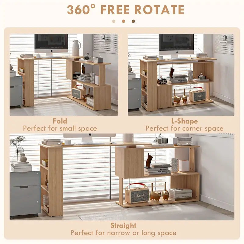Bureau d'angle en L, bureau à domicile rotatif à 360° avec étagères