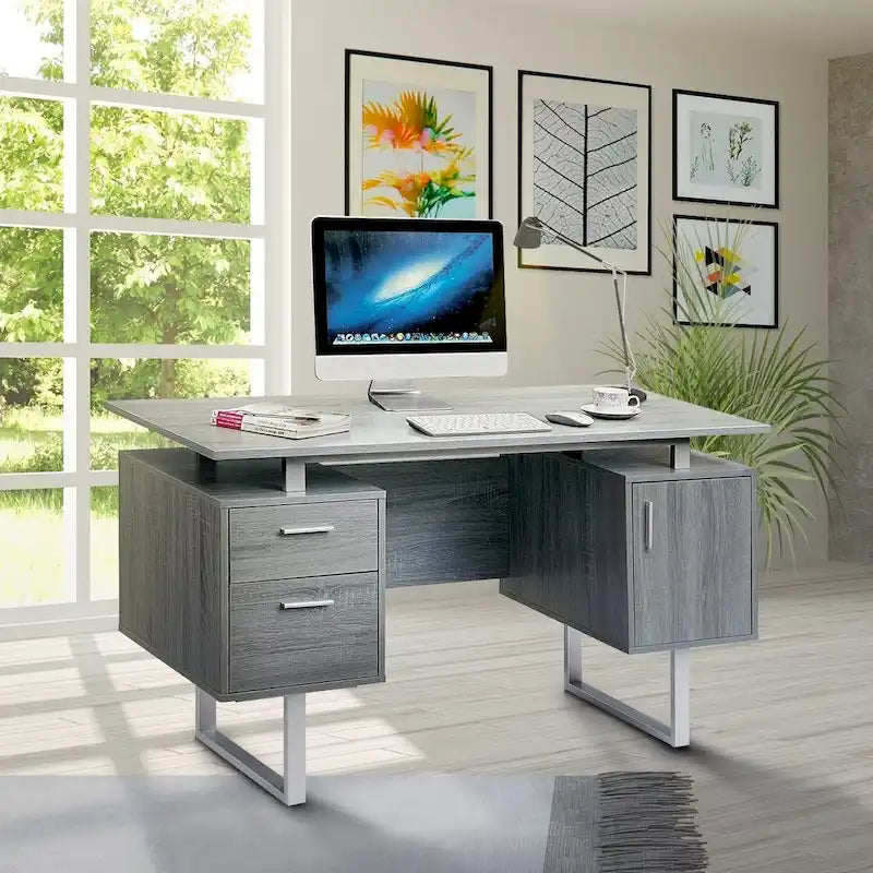 Bureau informatique gris moderne, élégant et de luxe avec rangement