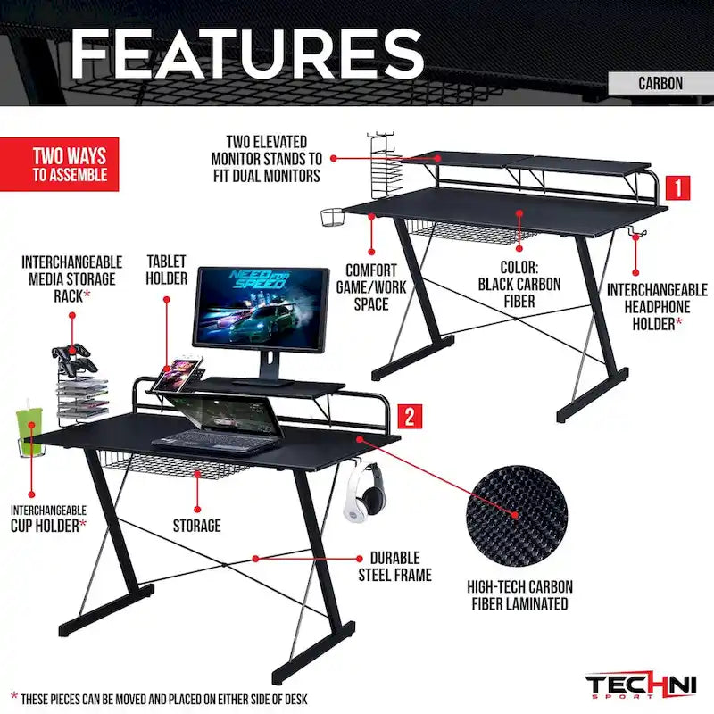 Bureau de jeu informatique Techni Sport Carbon avec étagères