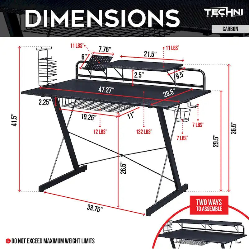 Bureau de jeu informatique Techni Sport Carbon avec étagères
