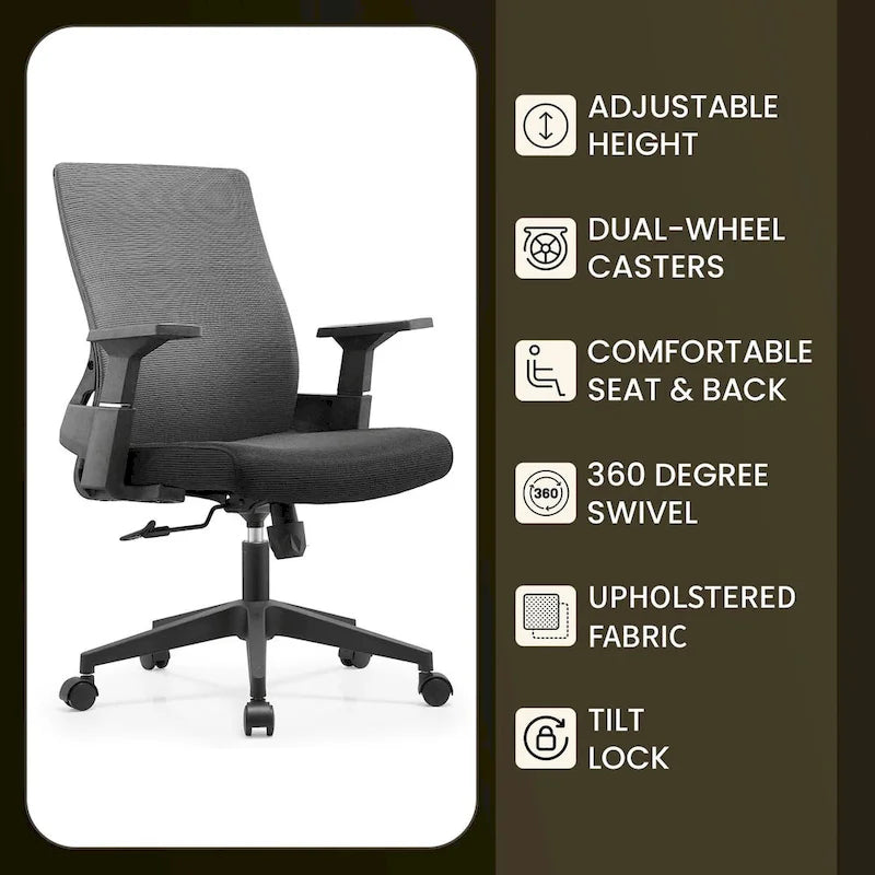 Chaise de bureau mi-hauteur réglable avec pivotement à 360 degrés et inclinaison Brio Series par LeisureMod