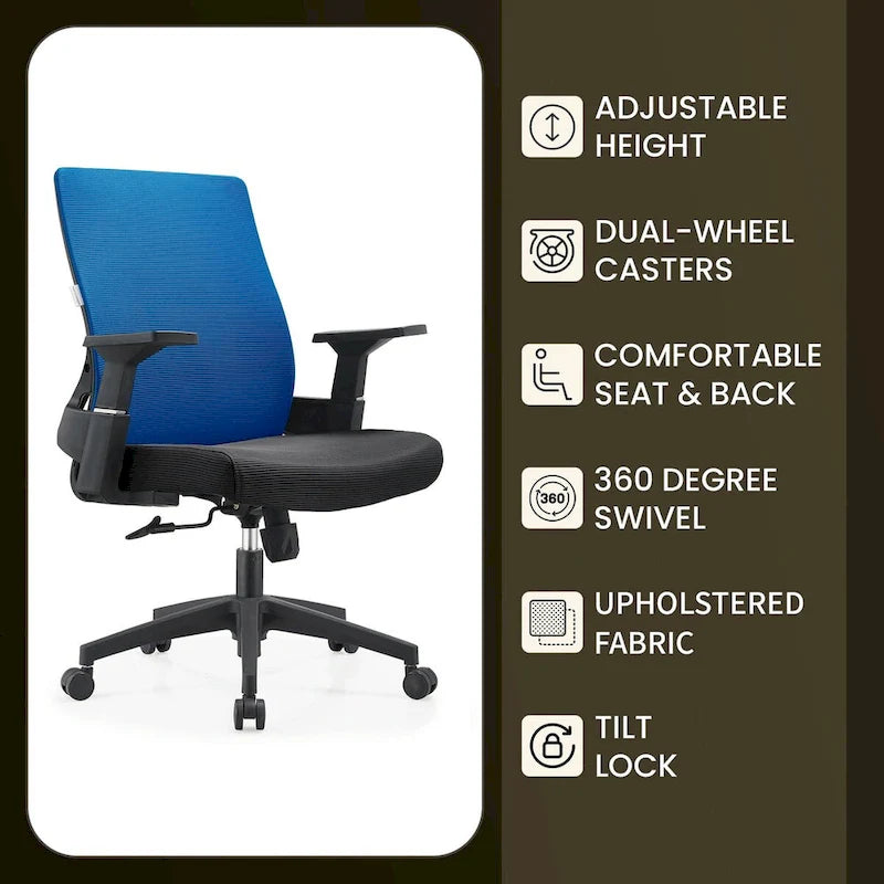 Chaise de bureau mi-hauteur réglable avec pivotement à 360 degrés et inclinaison Brio Series par LeisureMod