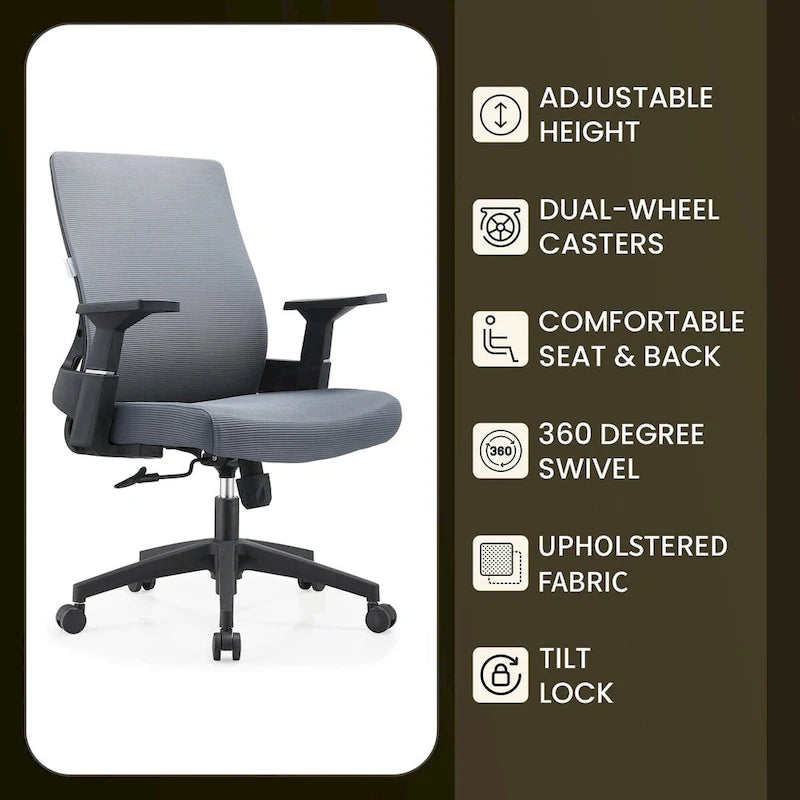 Chaise de bureau mi-hauteur réglable avec pivotement à 360 degrés et inclinaison Brio Series par LeisureMod