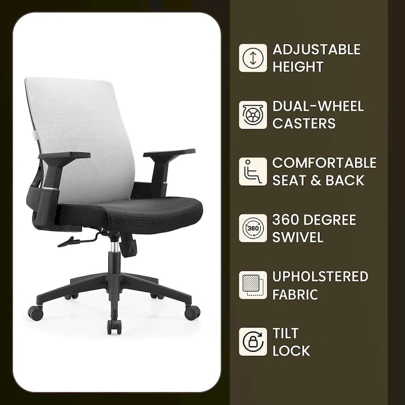 Chaise de bureau mi-hauteur réglable avec pivotement à 360 degrés et inclinaison Brio Series par LeisureMod