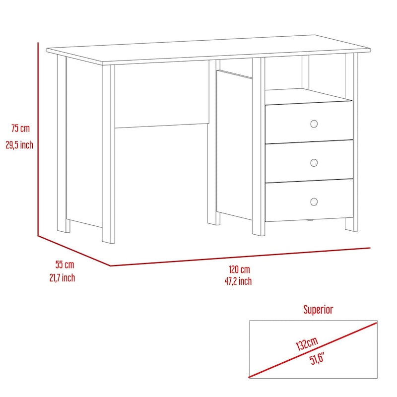 Bureau informatique, trois tiroirs, une étagère, table d'ordinateur pour salon et chambre