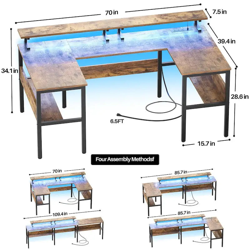 Bureau de jeu réversible en U avec ports USB et lumières LED