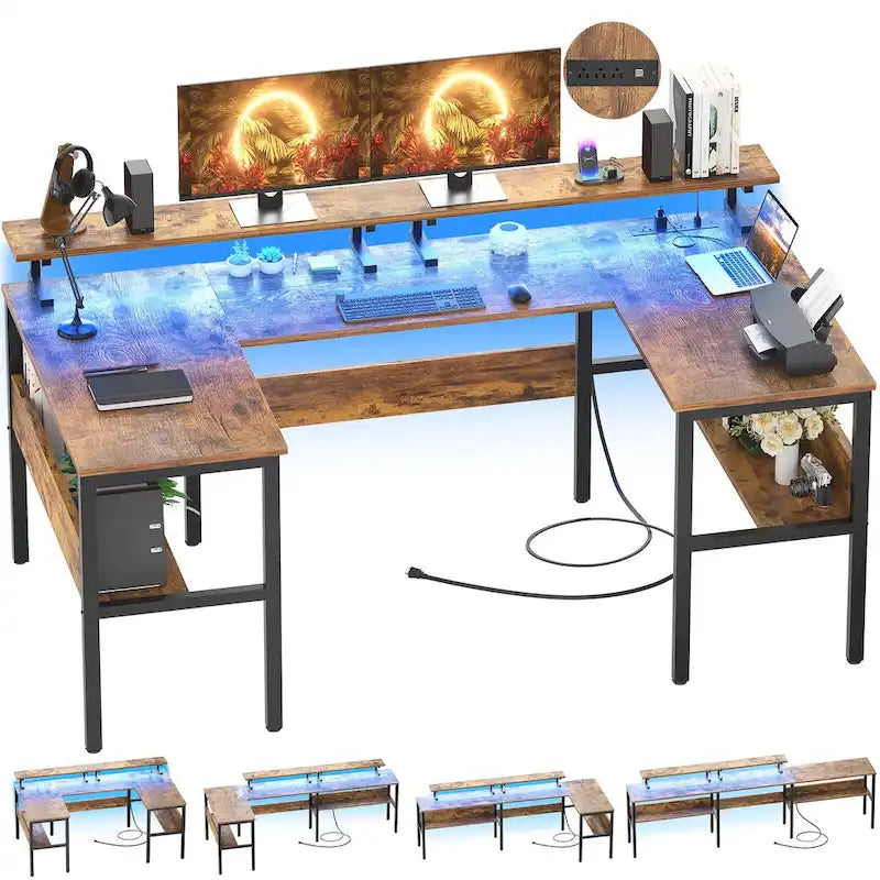 Bureau de jeu réversible en U avec ports USB et lumières LED