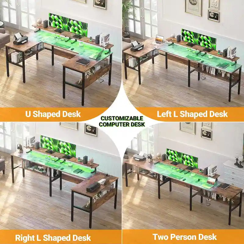 Bureau de jeu réversible en U avec ports USB et lumières LED