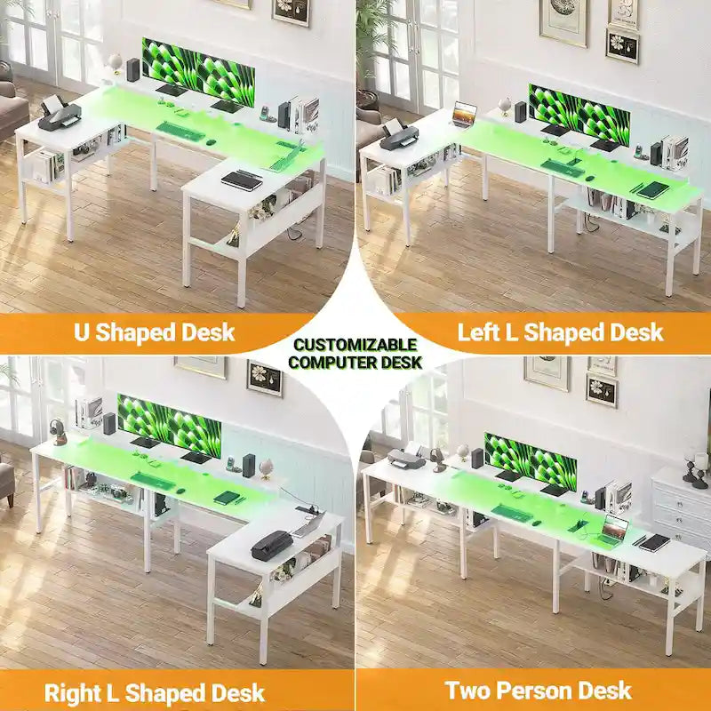 Bureau de jeu réversible en U avec ports USB et lumières LED