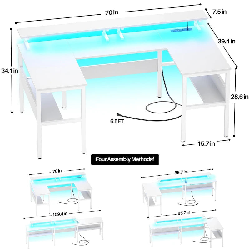 Bureau de jeu réversible en U avec ports USB et lumières LED