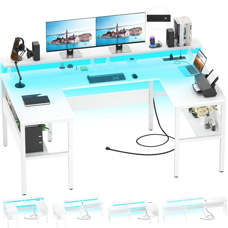 Bureau de jeu réversible en U avec ports USB et lumières LED
