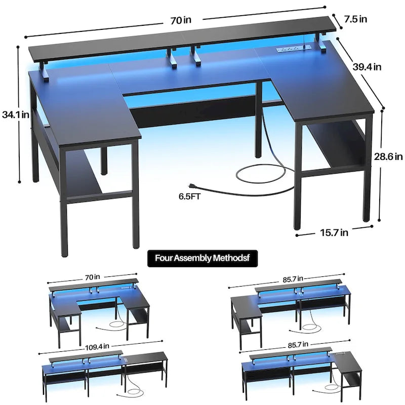 Bureau de jeu réversible en U avec ports USB et lumières LED