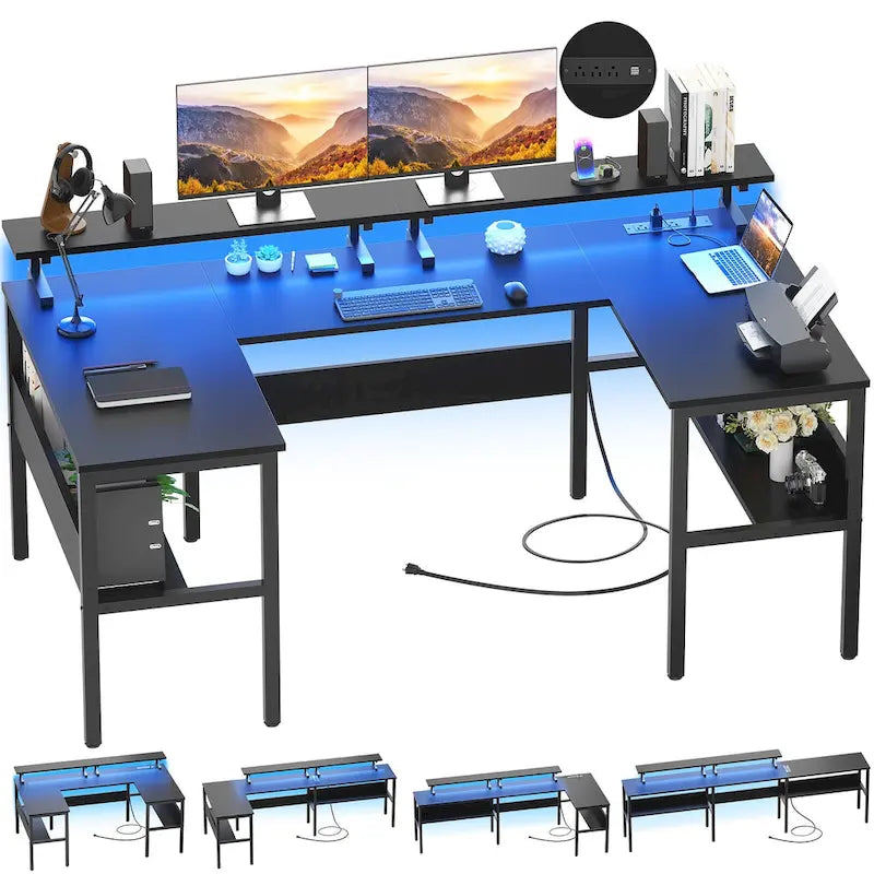 Bureau de jeu réversible en U avec ports USB et lumières LED