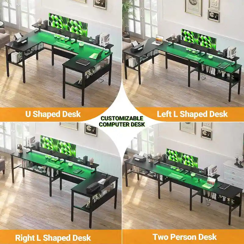 Bureau de jeu réversible en U avec ports USB et lumières LED